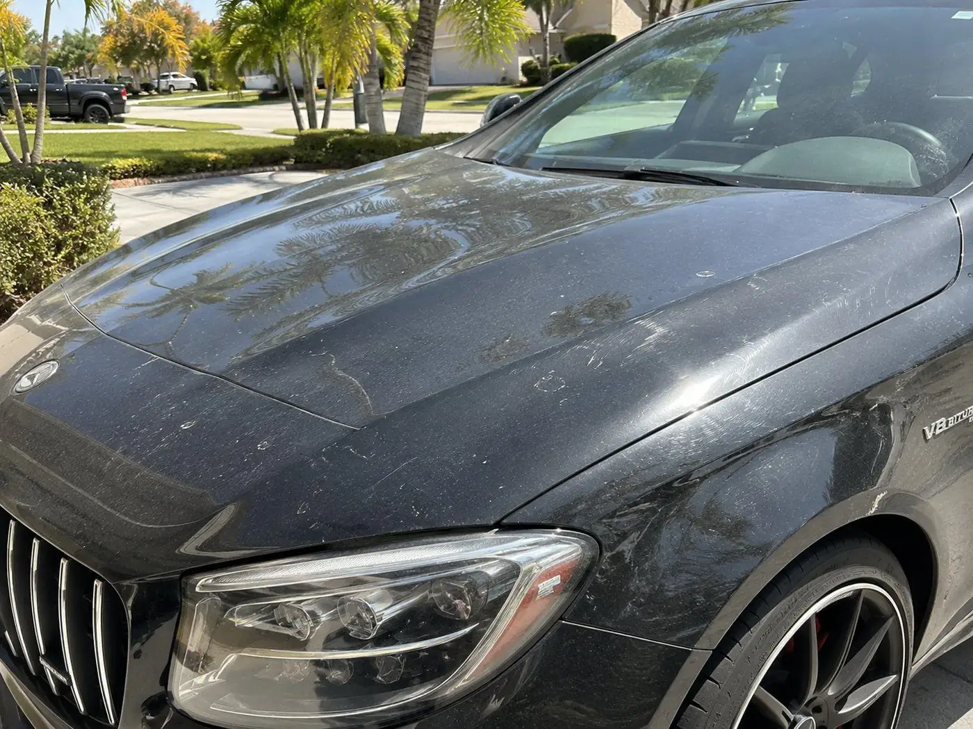 Black Mercedes-AMG hood before, dusty with swirl marks